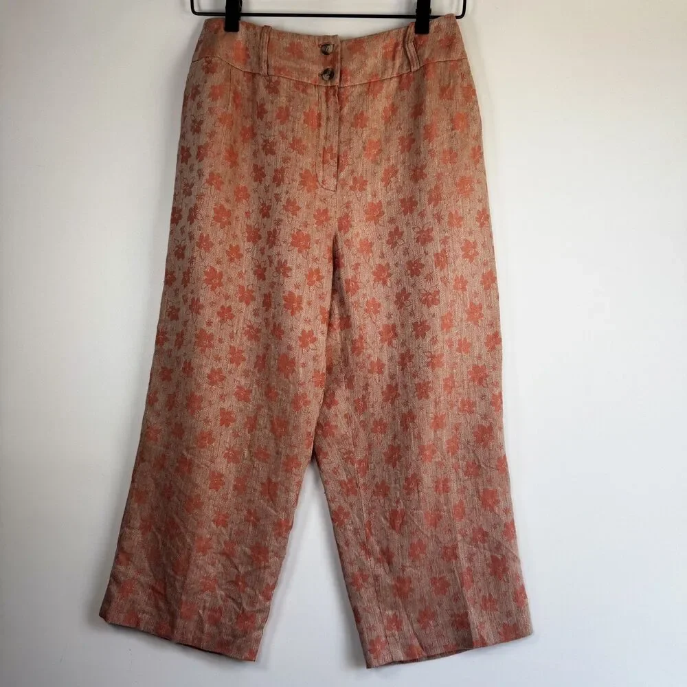 Benard Holtzman Shirt Pants Set Womens 8P Orange Floral Linen Petite‎ Lined Suit